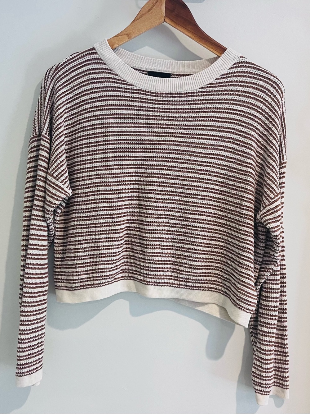 Miou Muse striped crop sweater knit top size MEDIUM stripes brown tan cream